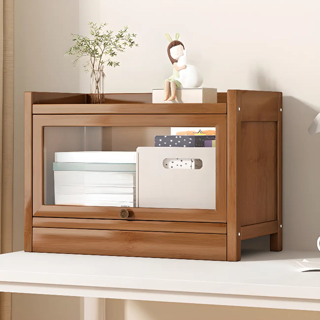 Modern Brown Wooden Clear Glass Front Display Storage Cabinet