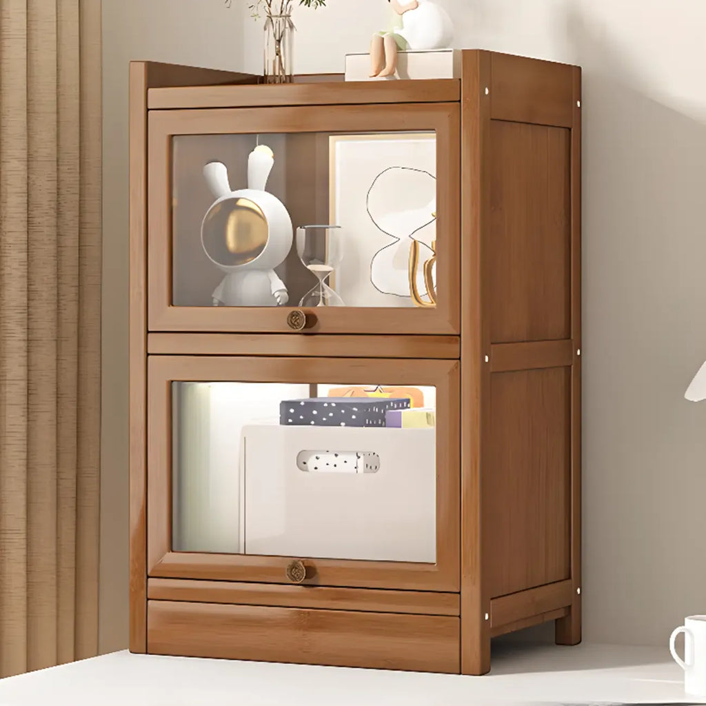 Modern Brown Wooden Clear Glass Front Display Storage Cabinet