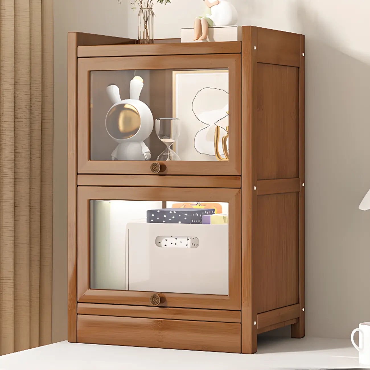 Modern Brown Wooden Clear Glass Front Display Storage Cabinet
