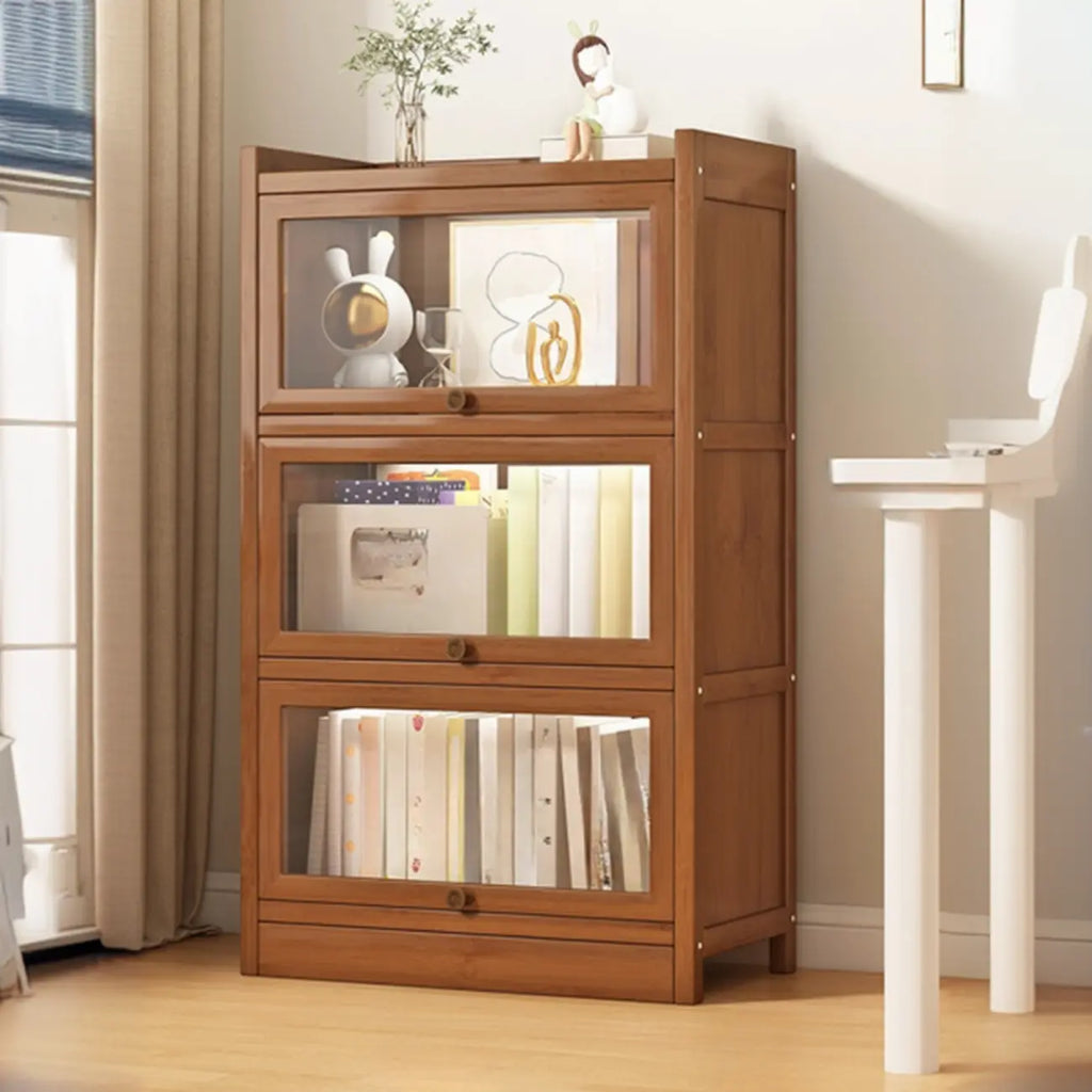 Modern Brown Wooden Clear Glass Front Display Storage Cabinet
