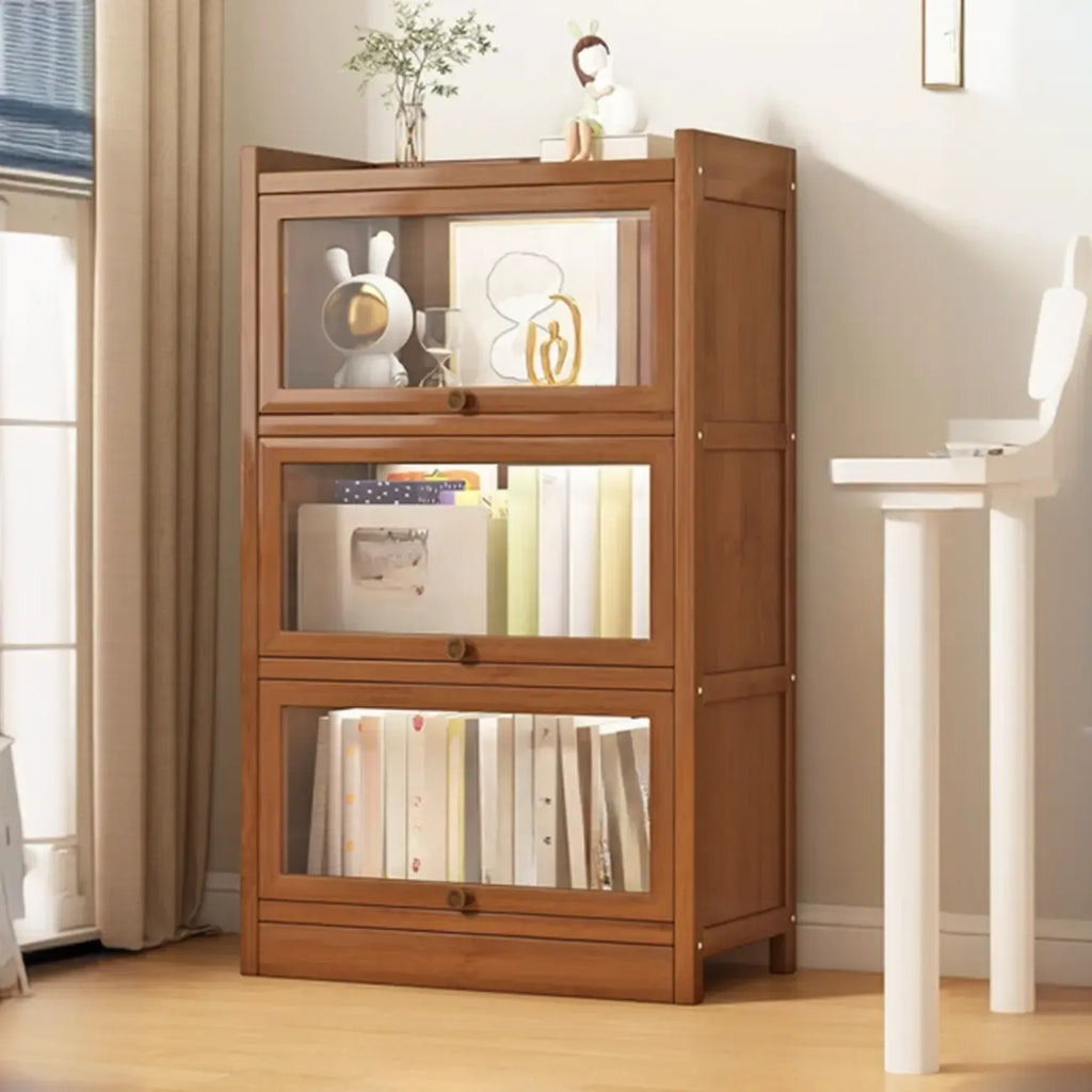 Modern Brown Wooden Clear Glass Front Display Storage Cabinet