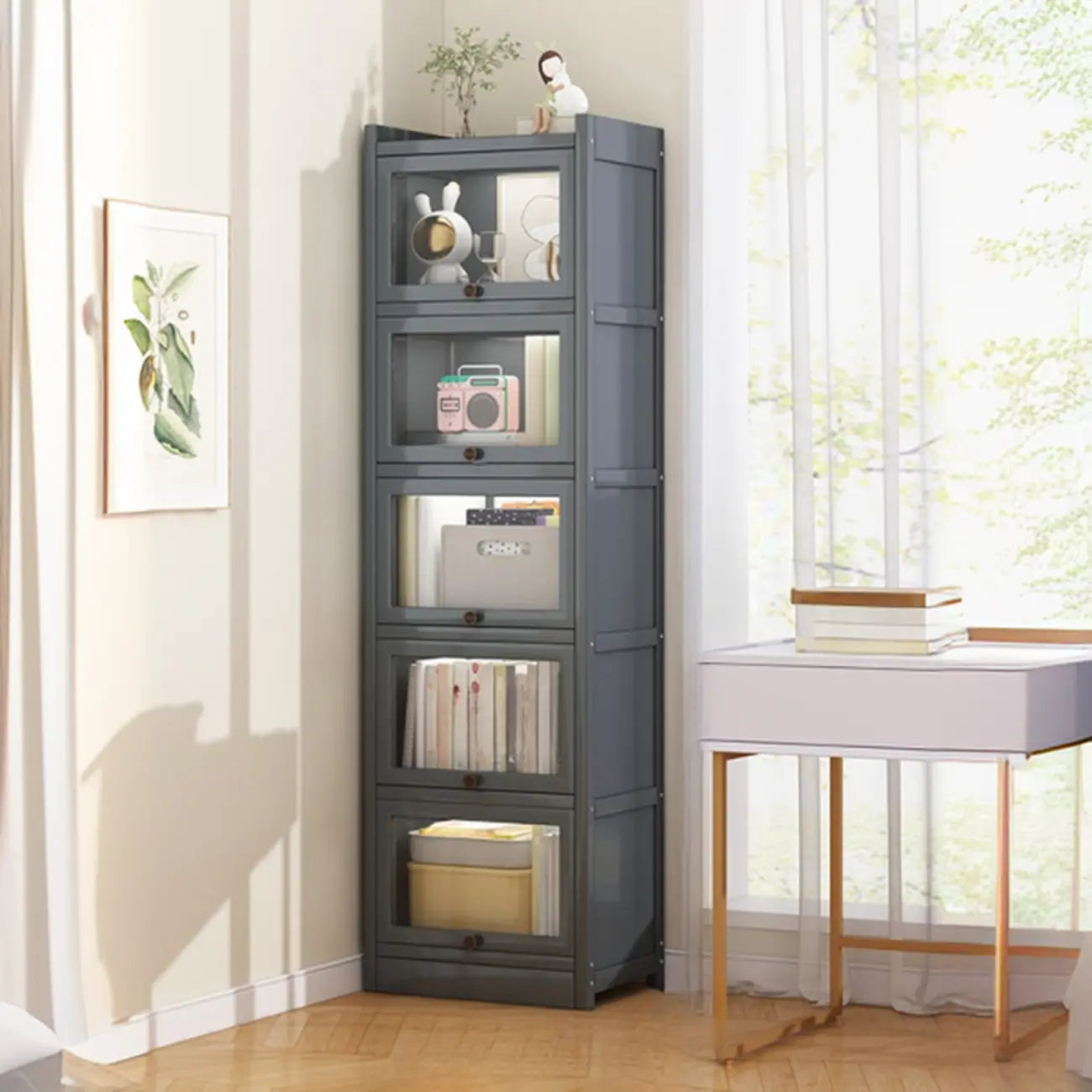 Modern Brown Wooden Clear Glass Front Display Storage Cabinet