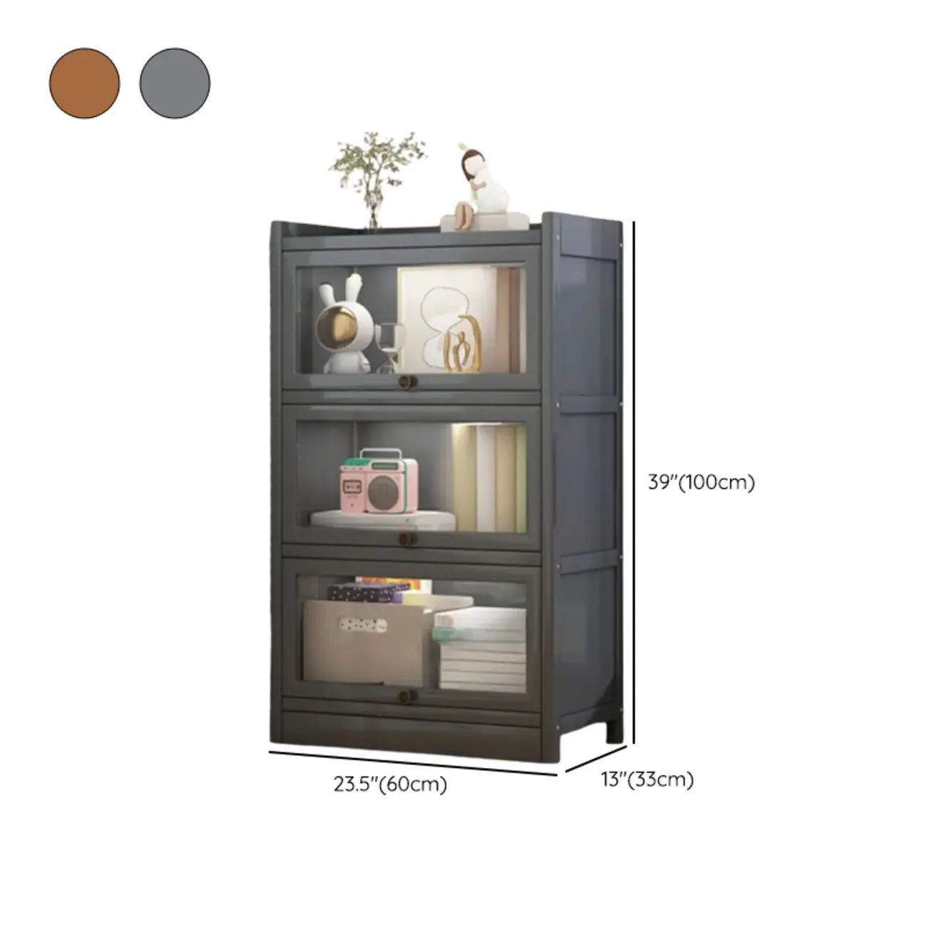 Modern Brown Wooden Clear Glass Front Display Storage Cabinet