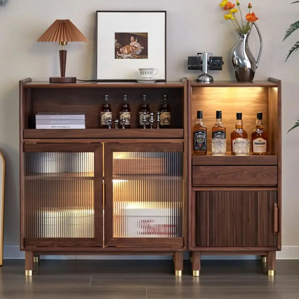 Modern Brown Wood Glass Door Adjustable Shelf Storage Cabinet