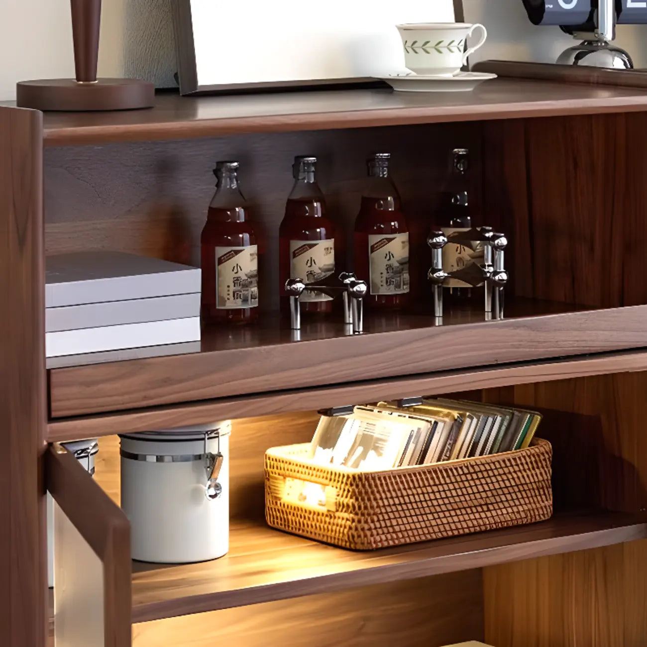 Modern Brown Wood Glass Door Adjustable Shelf Storage Cabinet