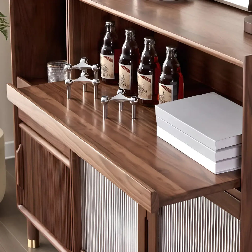 Modern Brown Wood Glass Door Adjustable Shelf Storage Cabinet