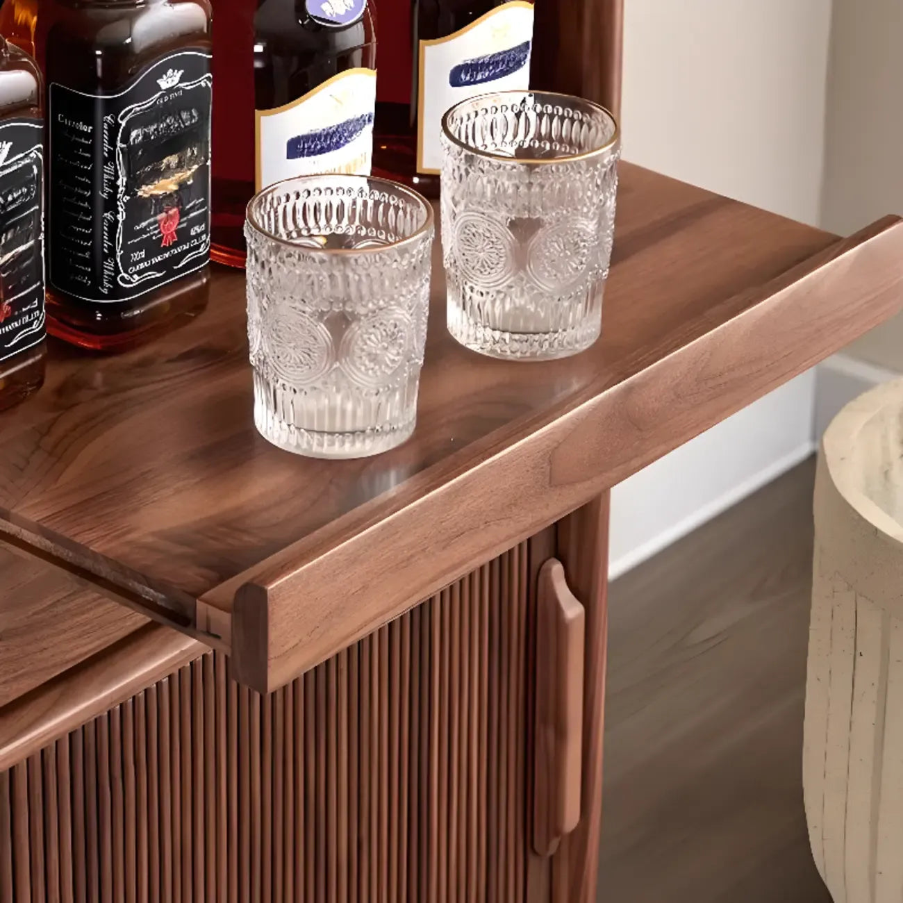 Modern Brown Wood Glass Door Adjustable Shelf Storage Cabinet