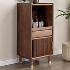 Modern Brown Wood Glass Door Adjustable Shelf Storage Cabinet