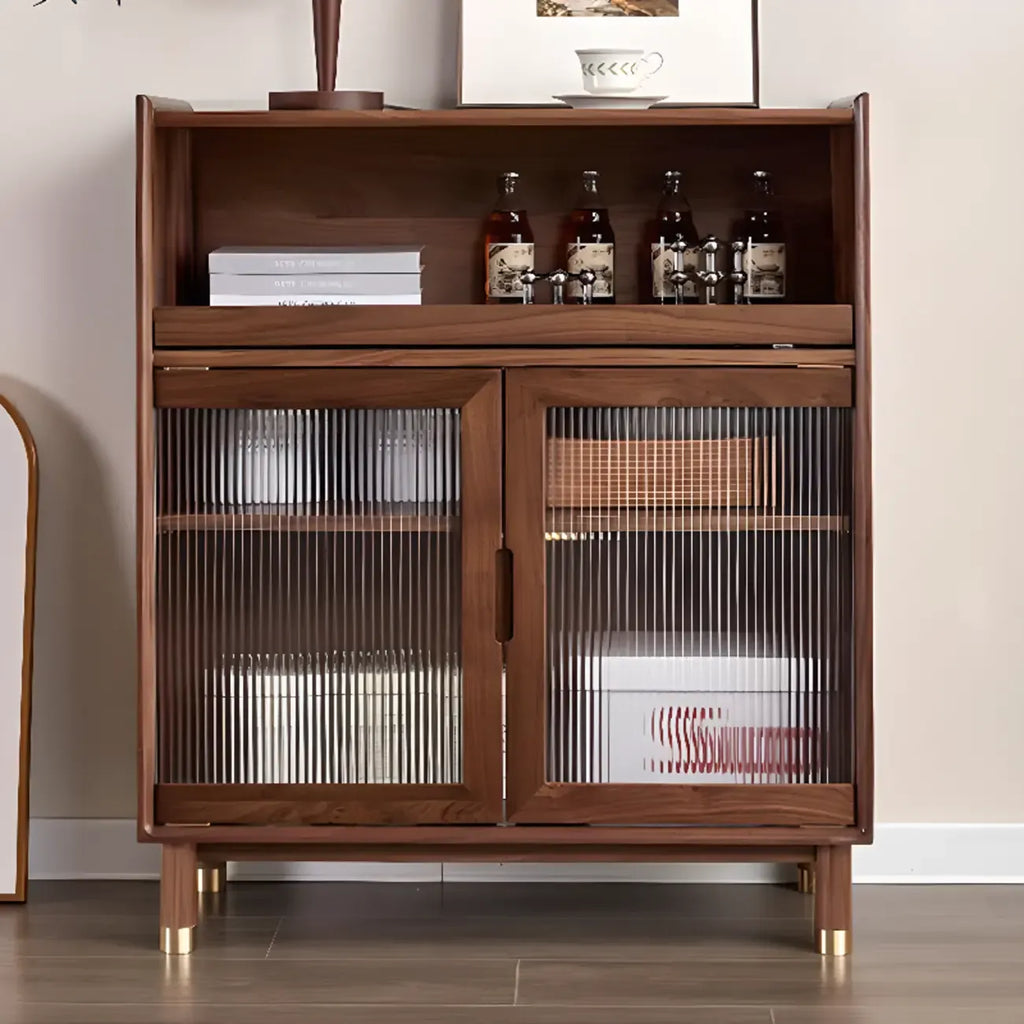 Modern Brown Wood Glass Door Adjustable Shelf Storage Cabinet