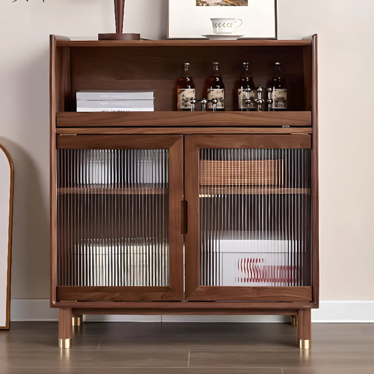 Modern Brown Wood Glass Door Adjustable Shelf Storage Cabinet