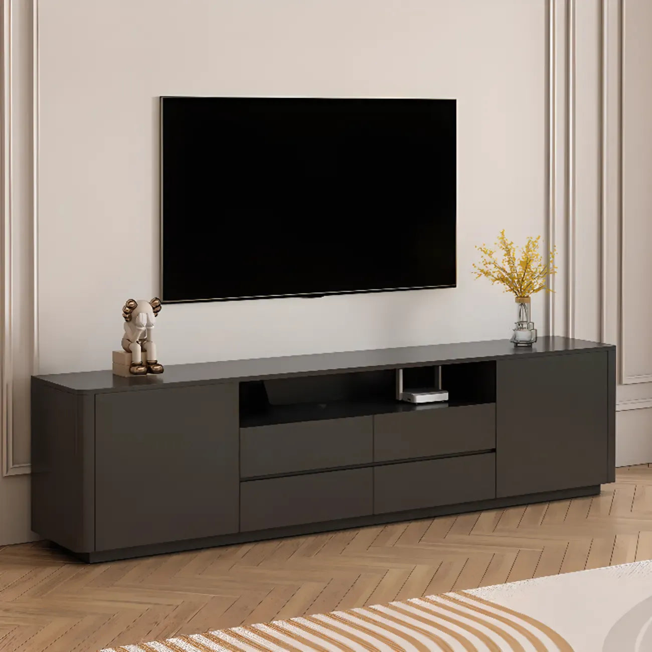 Modern Black Wooden TV Stand with Cable Management
