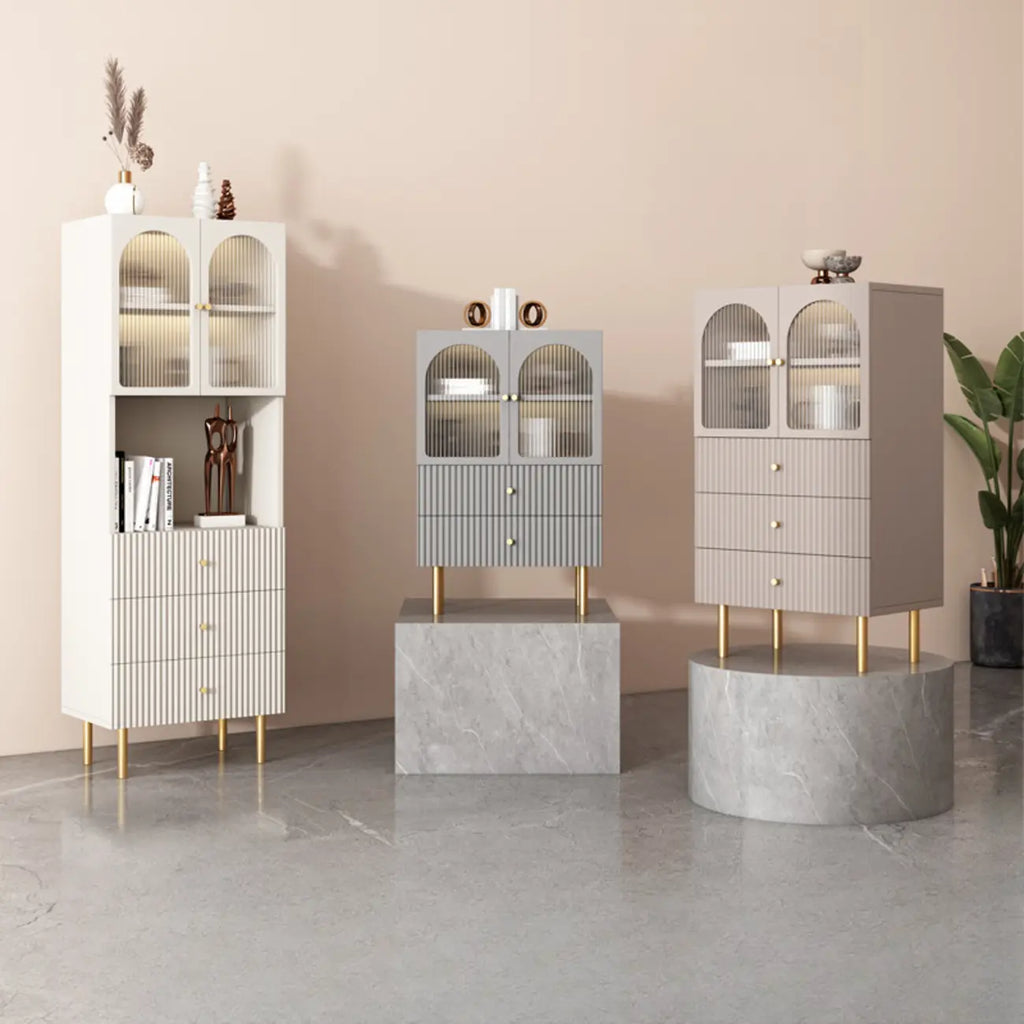 Trendy Marble-Textured Striped Wood Glass Storage Cabinet