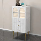 Trendy Marble-Textured Striped Wood Glass Storage Cabinet