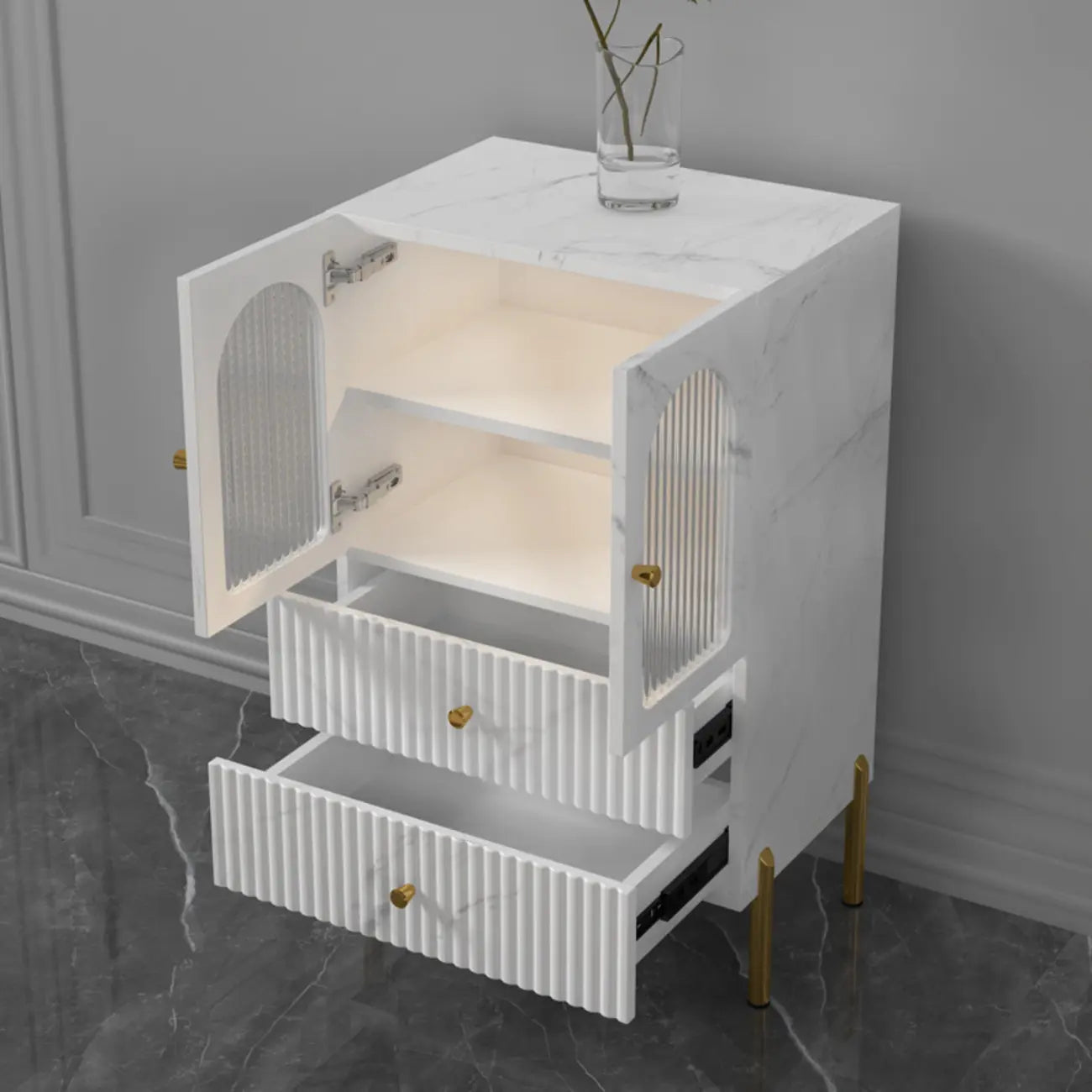 Trendy Marble-Textured Striped Wood Glass Storage Cabinet