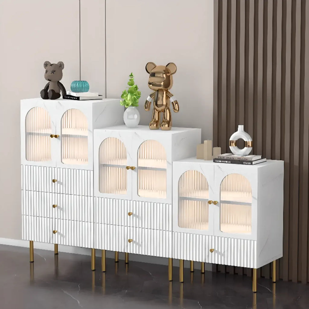 Trendy Marble-Textured Striped Wood Glass Storage Cabinet