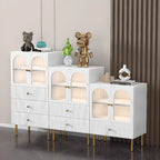 Trendy Marble-Textured Striped Wood Glass Storage Cabinet