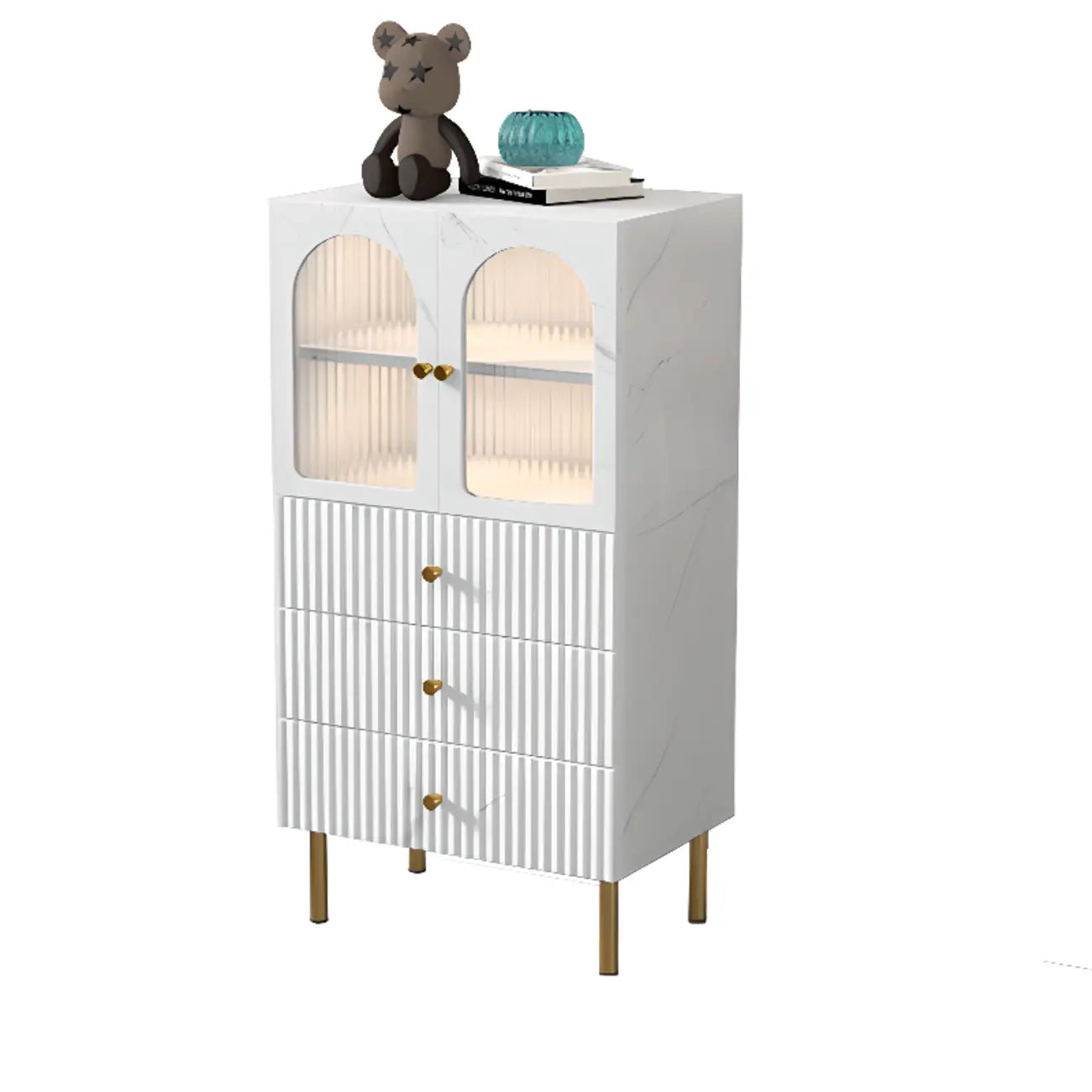 Trendy Marble-Textured Striped Wood Glass Storage Cabinet
