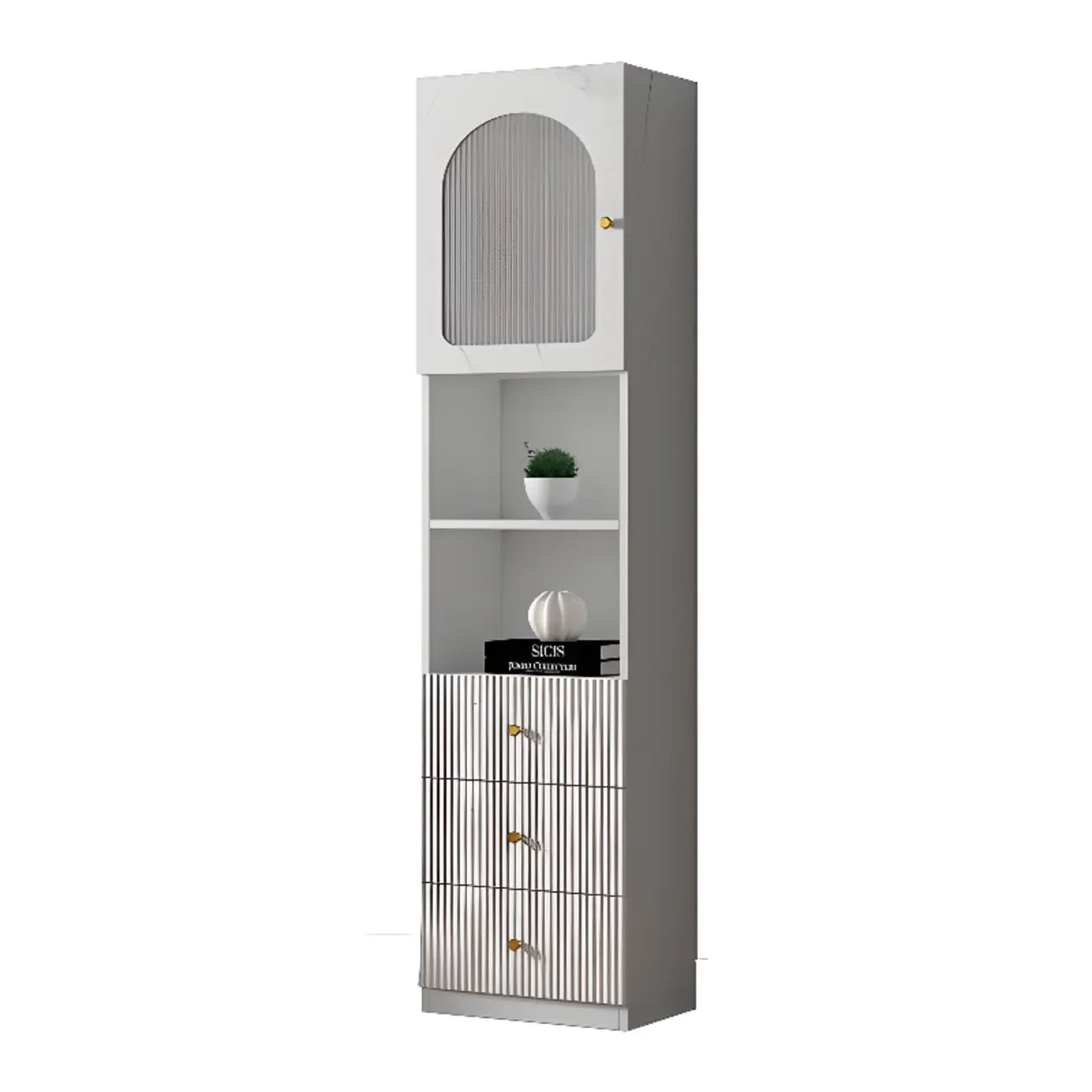 Trendy Marble-Textured Striped Wood Glass Storage Cabinet