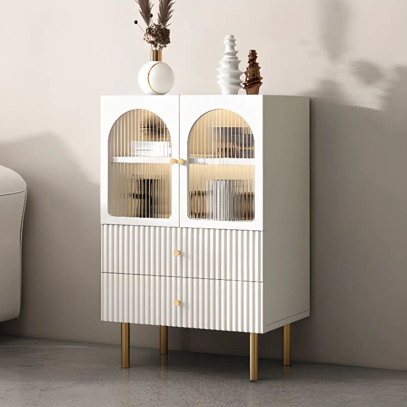 Trendy Marble-Textured Striped Wood Glass Storage Cabinet