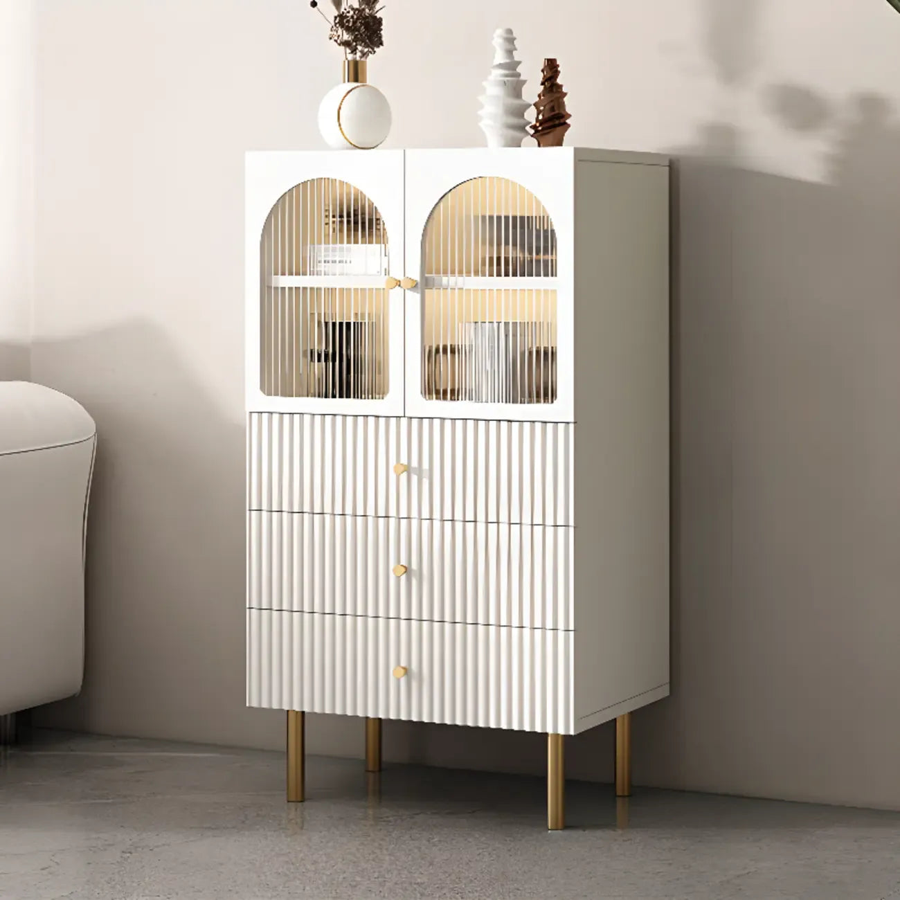 Trendy Marble-Textured Striped Wood Glass Storage Cabinet