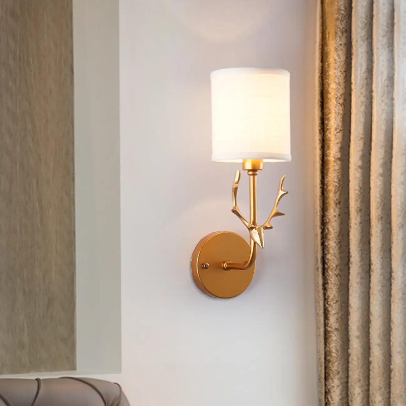 Vintage Antler Wall Sconce with Fabric Shade for Living Room