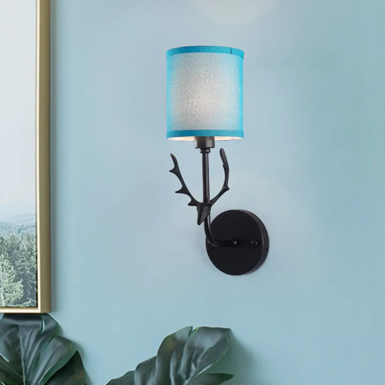 Vintage Antler Wall Sconce with Fabric Shade for Living Room