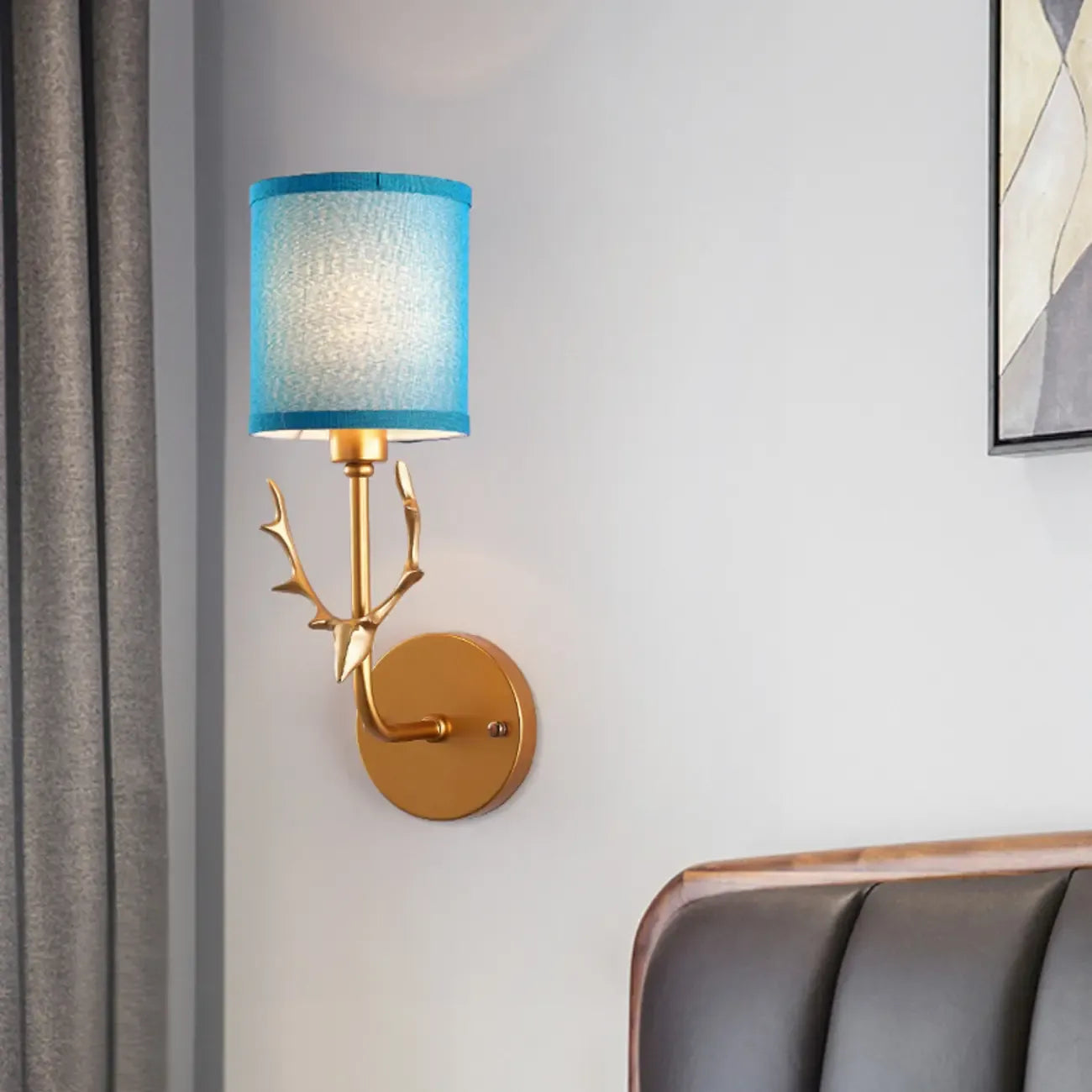 Vintage Antler Wall Sconce with Fabric Shade for Living Room