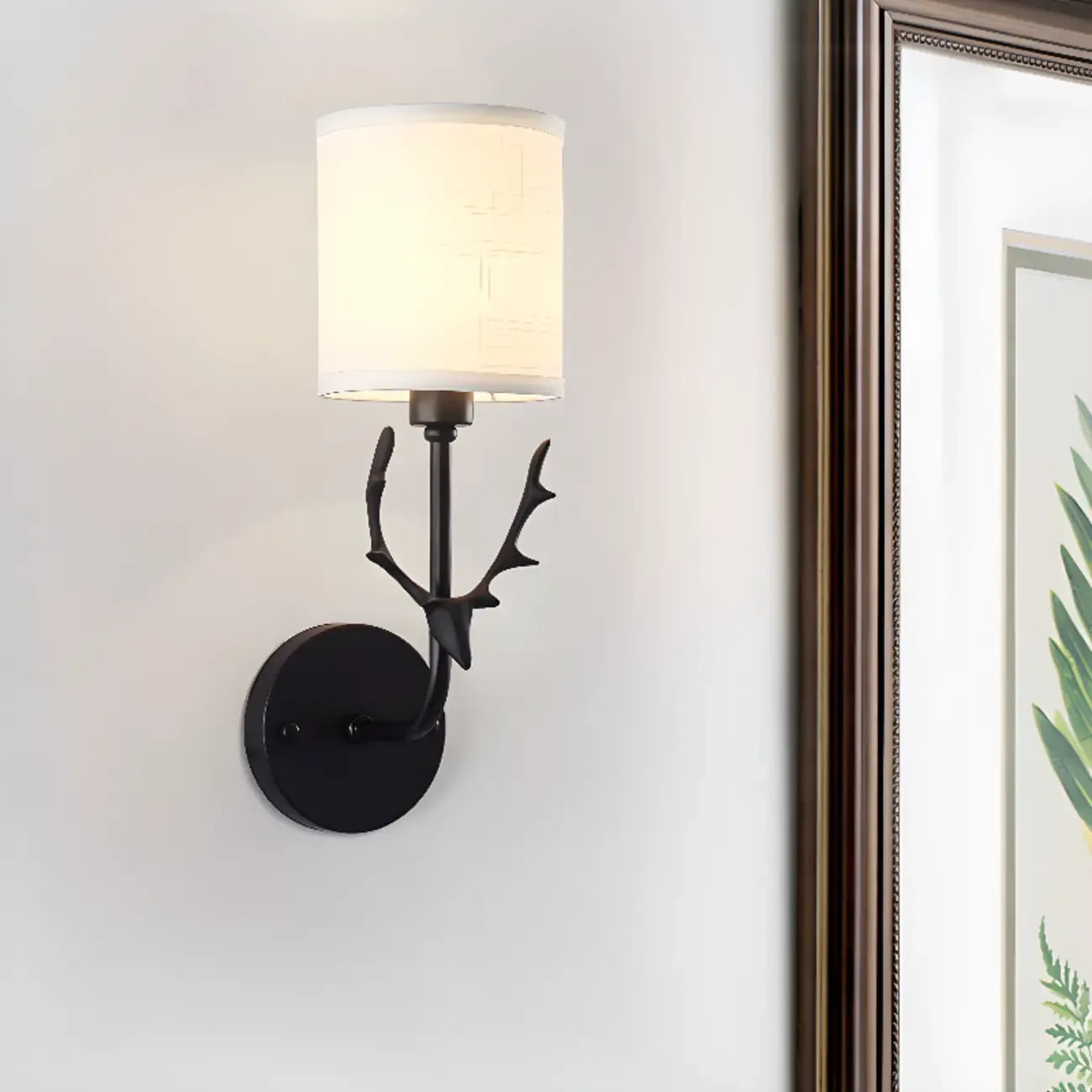 Vintage Antler Wall Sconce with Fabric Shade for Living Room