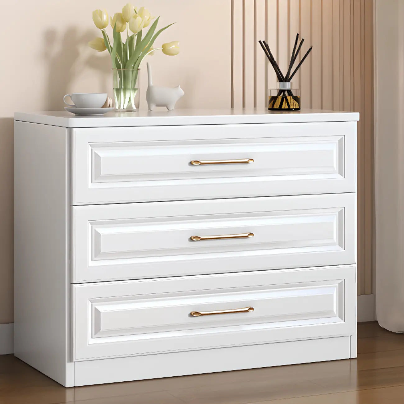 Modern Elegant White Wood Gold Handle Storage Chests