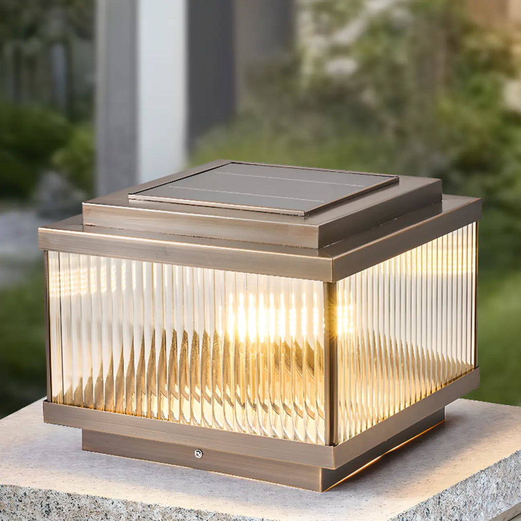 Modern Bronze Patterned Square Solar Outdoor Post Lights
