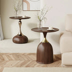 Walnut Steel Round End Table with Abstract Base