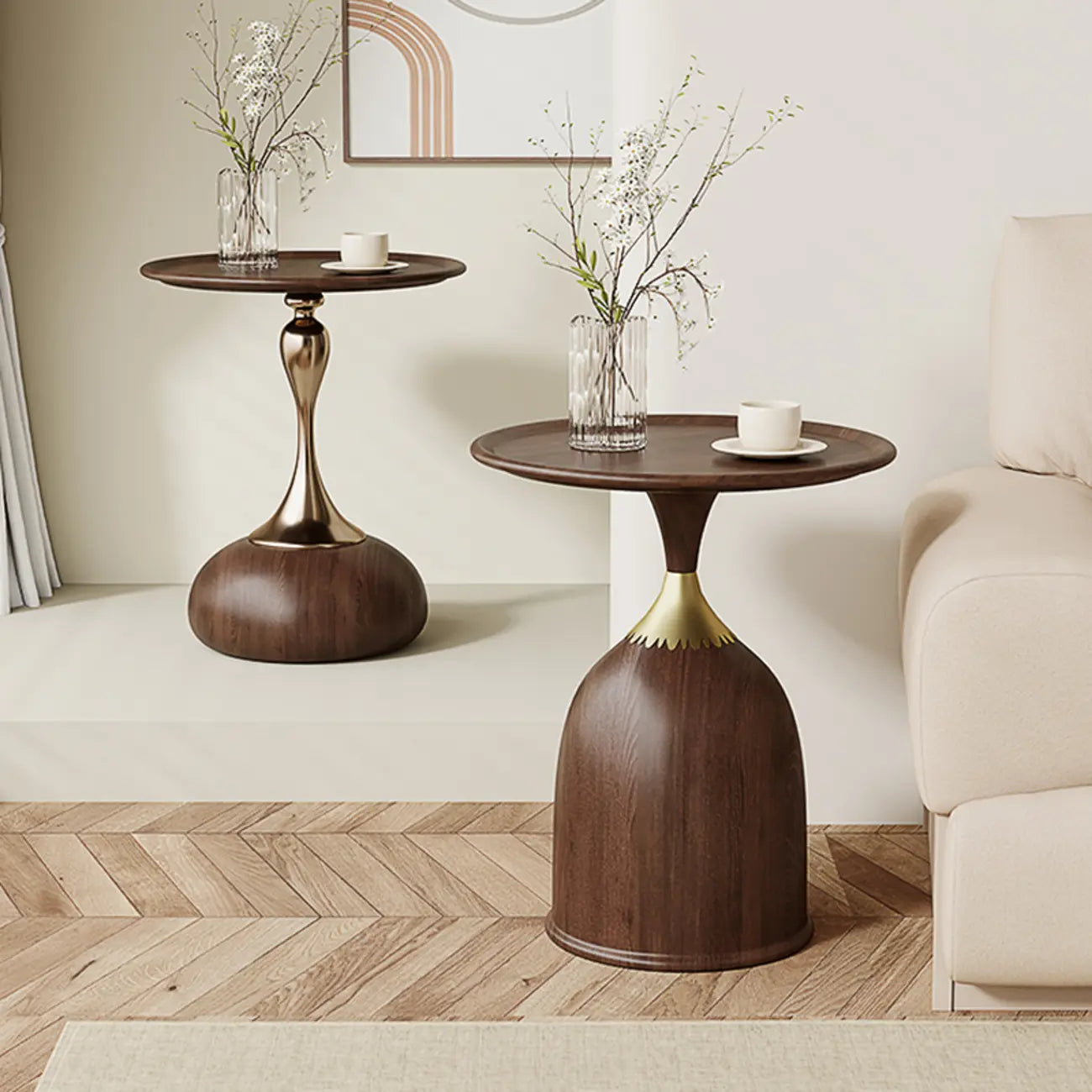 Walnut Steel Round End Table with Abstract Base