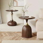 Walnut Steel Round End Table with Abstract Base