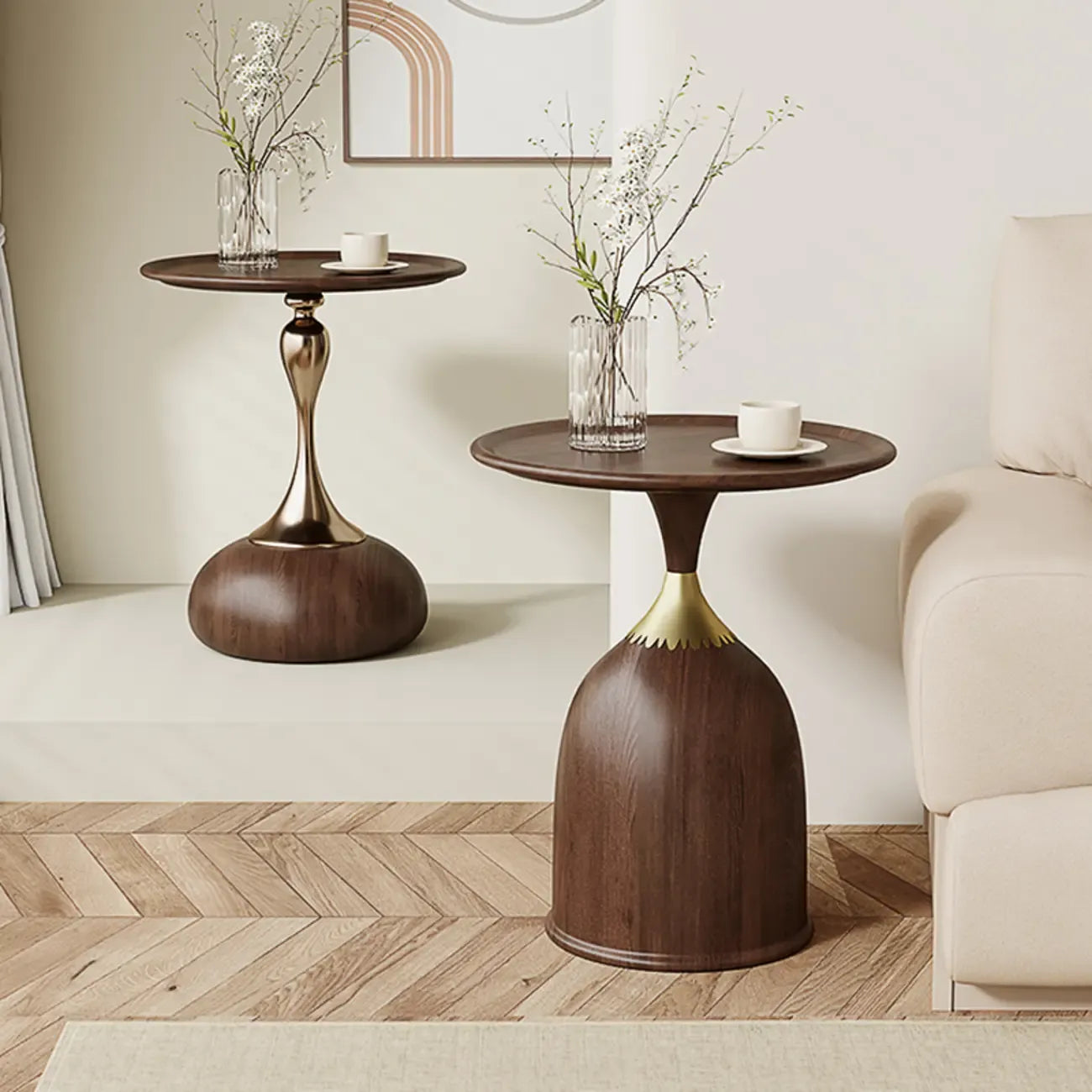 Walnut Steel Round End Table with Abstract Base