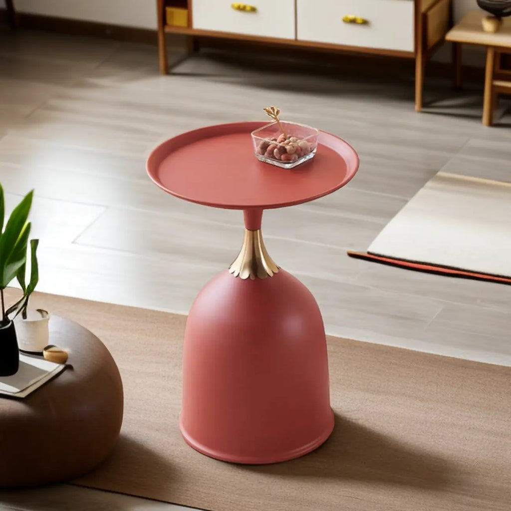 Walnut Steel Round End Table with Abstract Base