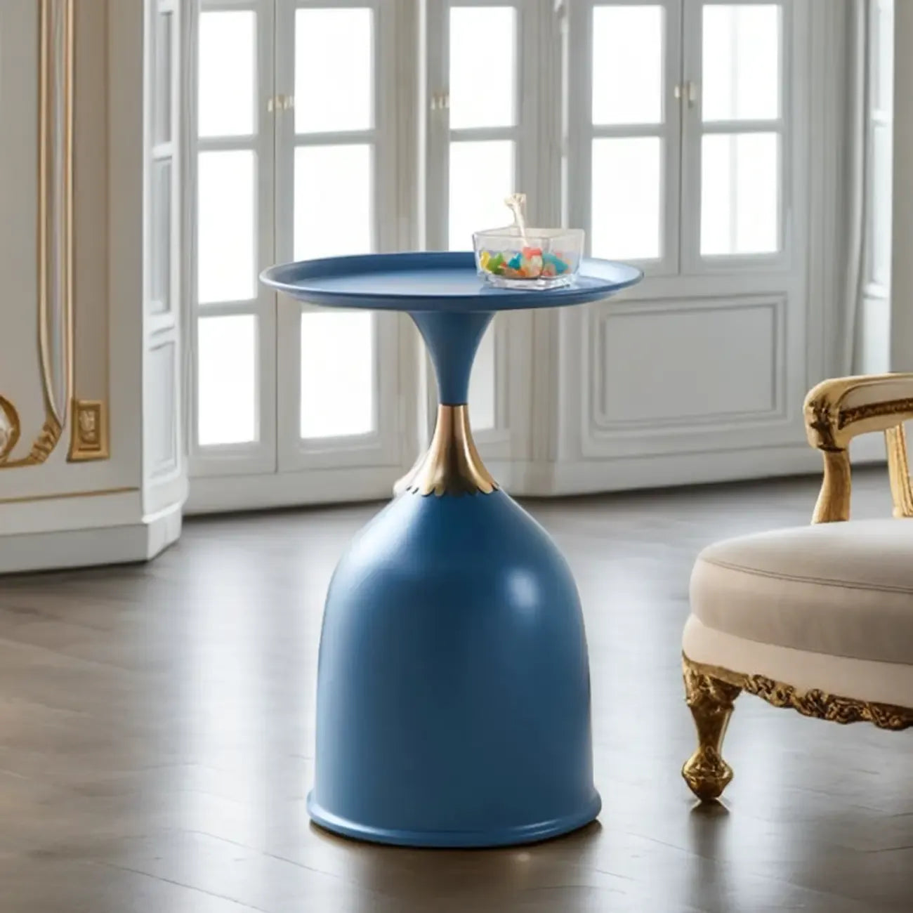 Walnut Steel Round End Table with Abstract Base