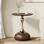 Walnut Steel Round End Table with Abstract Base