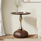 Walnut Steel Round End Table with Abstract Base