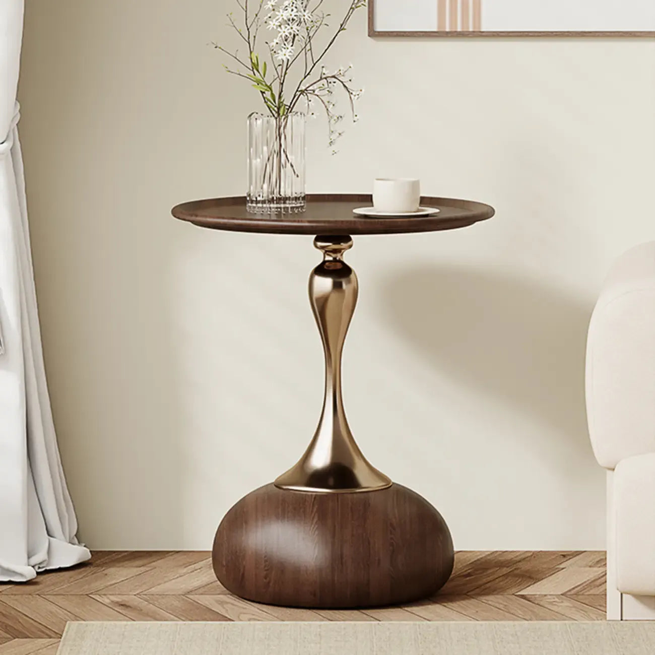Walnut Steel Round End Table with Abstract Base