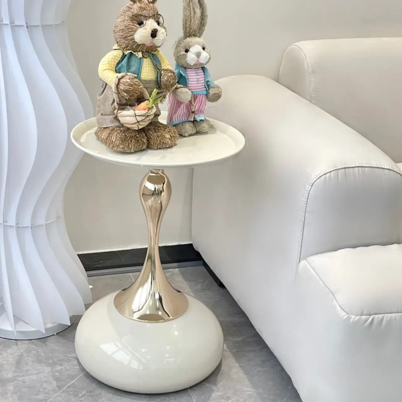 Walnut Steel Round End Table with Abstract Base