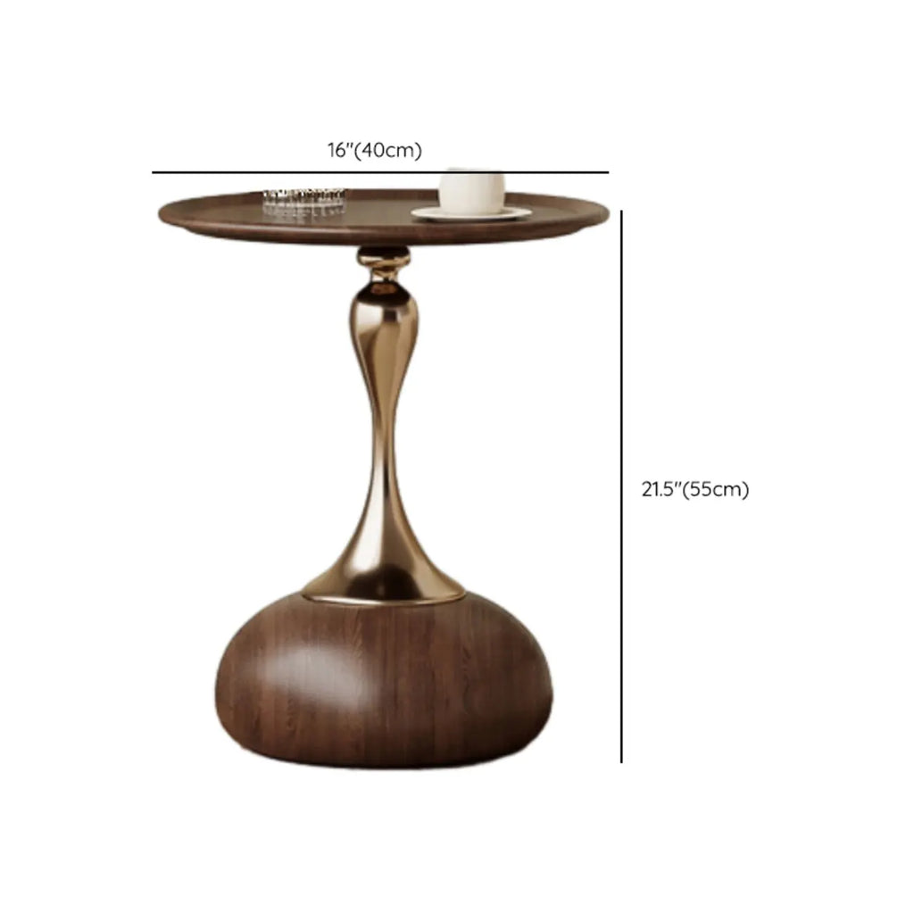 Walnut Steel Round End Table with Abstract Base