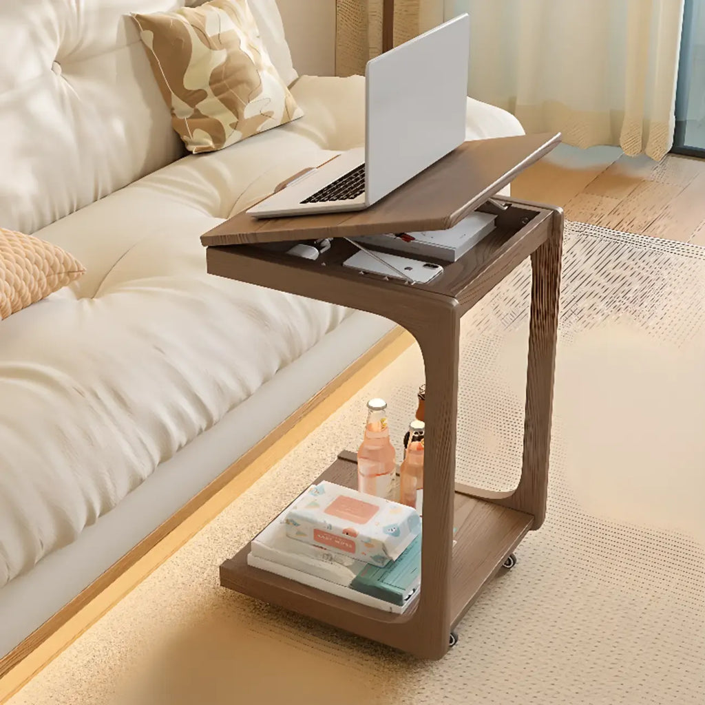 Scandinavian Wooden Flip-Top C-Shaped Side Table with Wheels
