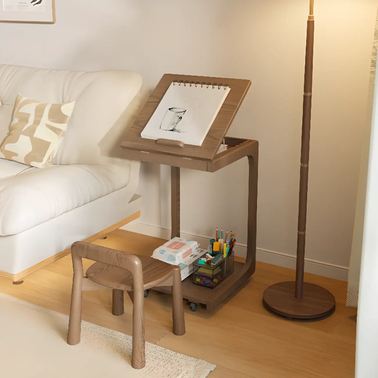 Scandinavian Wooden Flip-Top C-Shaped Side Table with Wheels