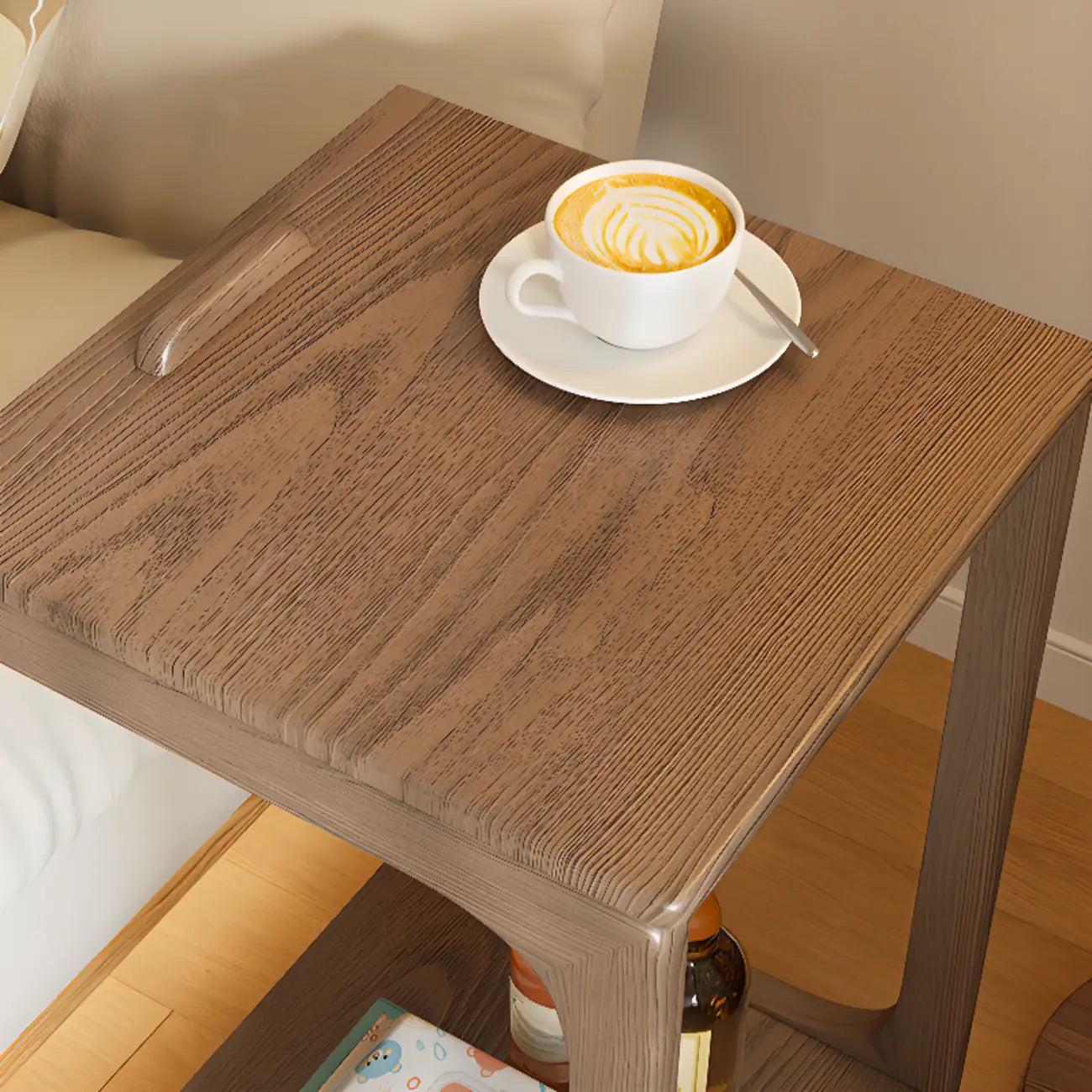 Scandinavian Wooden Flip-Top C-Shaped Side Table with Wheels