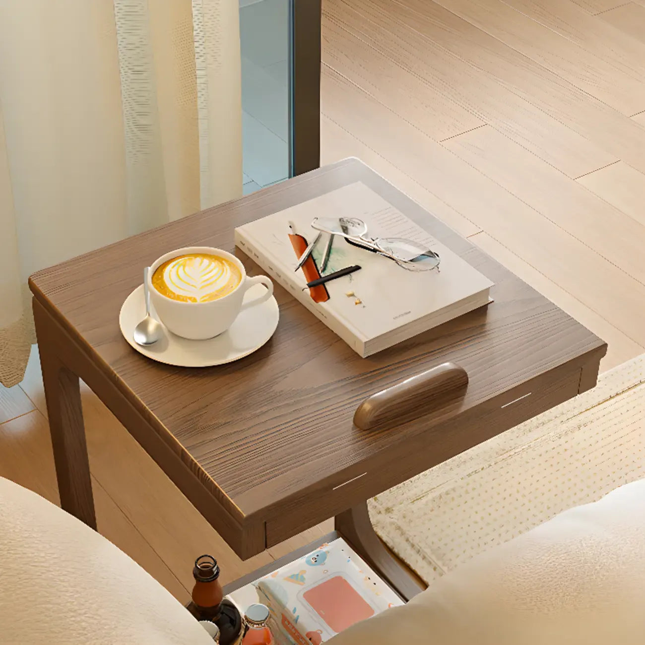 Scandinavian Wooden Flip-Top C-Shaped Side Table with Wheels