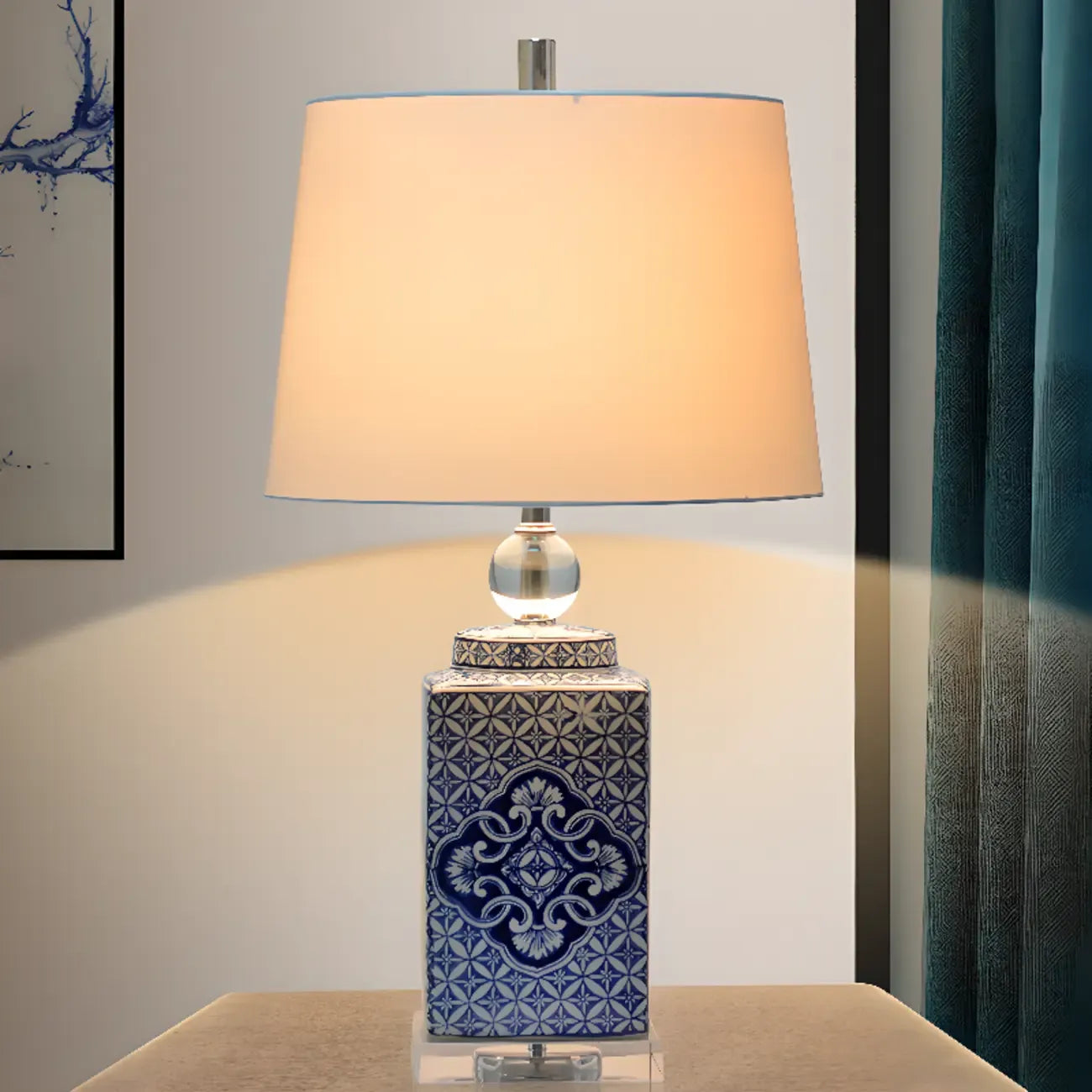 Blue Traditional Ceramic Table Lamp with Fabric Shade