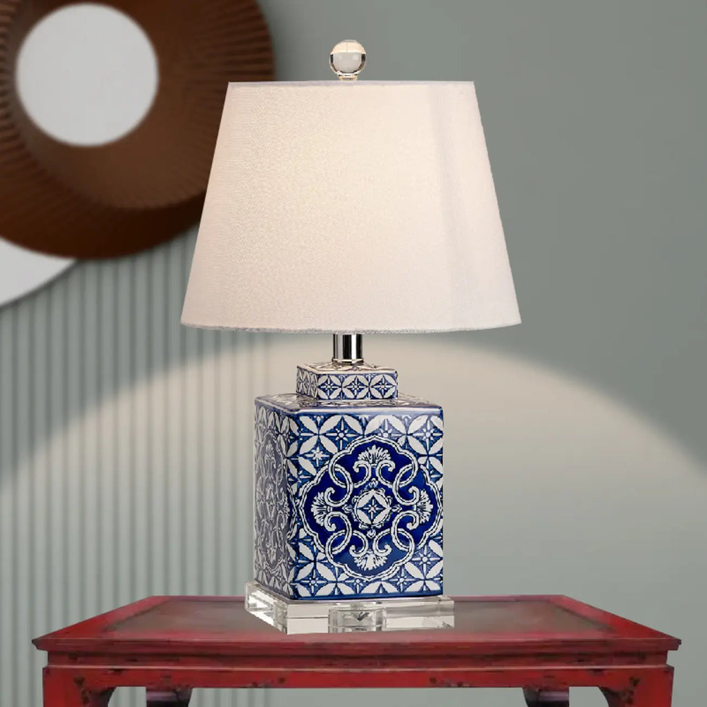 Blue Traditional Ceramic Table Lamp with Fabric Shade