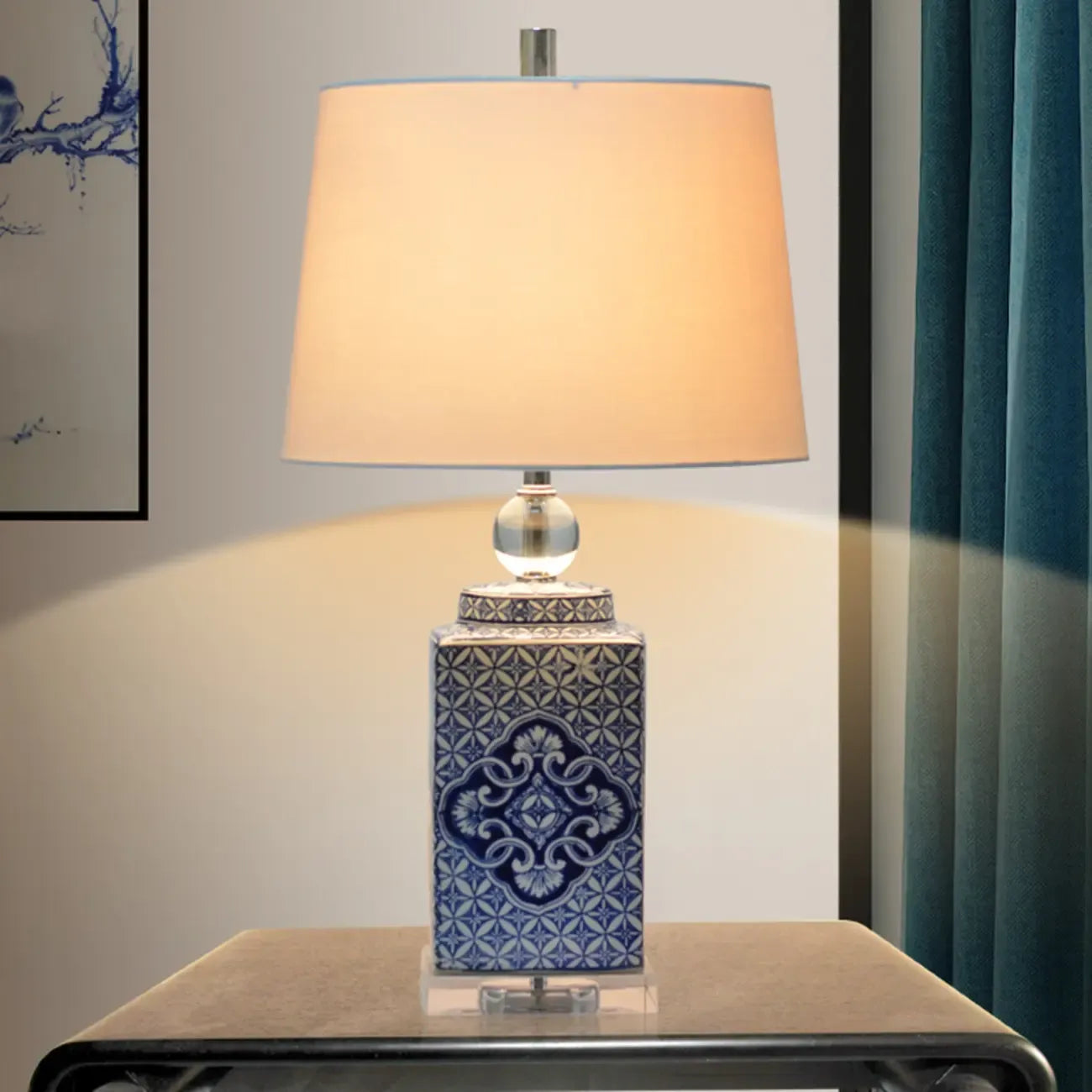 Blue Traditional Ceramic Table Lamp with Fabric Shade