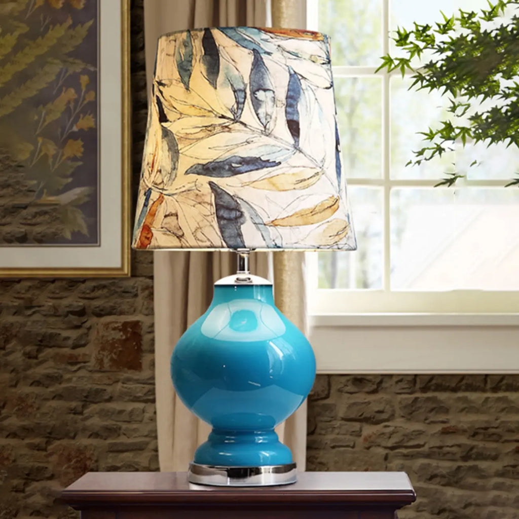 Blue Glass Table Lamp with Leaf Fabric Shade