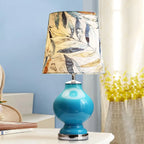 Blue Glass Table Lamp with Leaf Fabric Shade